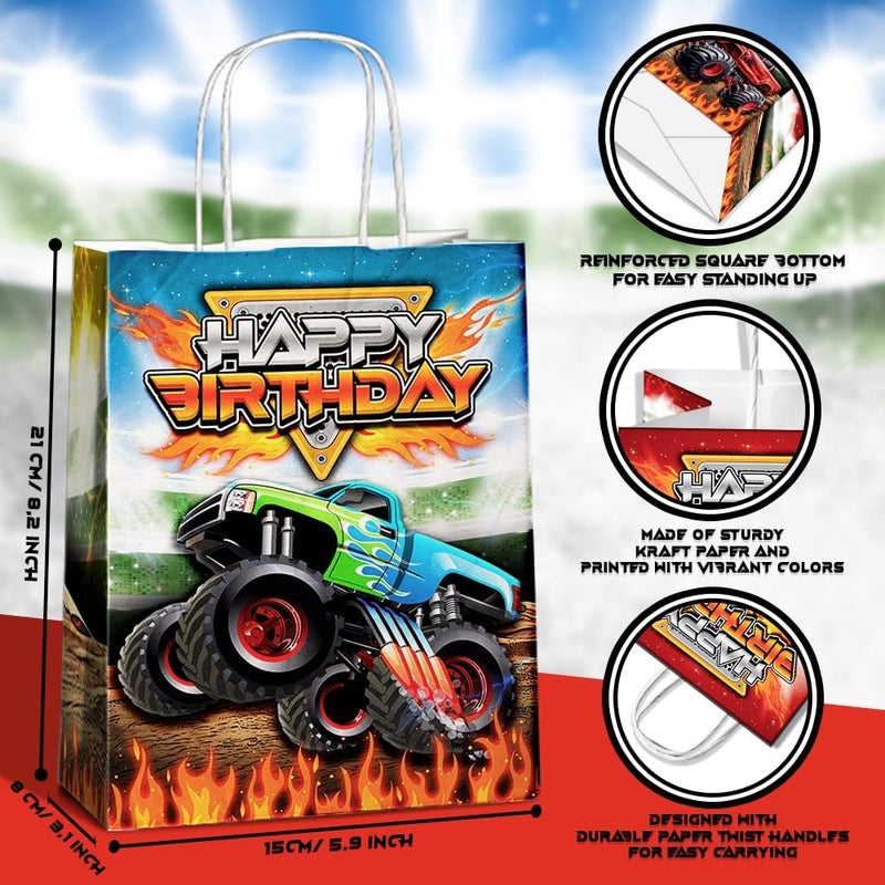 JOYGATHER 24 Pcs Monster-Truck Party Favor Bags with Handles - Racing Truck Goodie Bags Gift Bags. Checkered Theme Candy Bags for Kids, Kraft Paper Bags for Birthday Party Supplies Decorations - Image 3